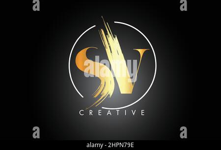 Design con logo Golden SV Brush Stroke Letter. Icona dei leters con logo in vernice nera con elegante design vettoriale circolare. Illustrazione Vettoriale