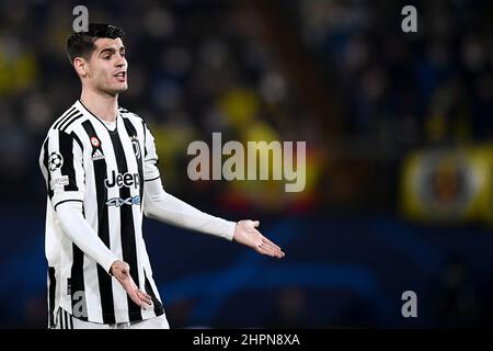 Villarreal, Spagna. 22 febbraio 2022. Alvaro Morata della Juventus FC reagisce durante il round della UEFA Champions League di sedici partite di calcio di prima tappa tra Villarreal CF e Juventus FC. Credit: Nicolò campo/Alamy Live News Foto Stock