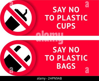 Dire no a sacchetti di plastica, tazze, etichette ecologiche di tendenza set per la stampa, illustrazione vettoriale 10eps Illustrazione Vettoriale