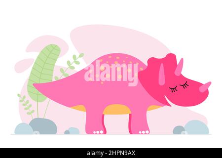 Carino dinosauro rosa. Gentile sorridente bambino dinosauro triceratops. Cartoon baby grafica design banner di stampa. Design originale e creativo. Illustrazione eps vettoriale disegno manuale Illustrazione Vettoriale