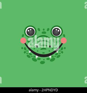 Carino ritratto di coccodrillo quadrato verde sorriso testa cartone animato forma rotonda animale faccia, isolato alligatore vettore icona illustrazione. Semplice piatto disegnato a mano per i bambini poster, carte, t-shirt, vestiti per bambini Illustrazione Vettoriale
