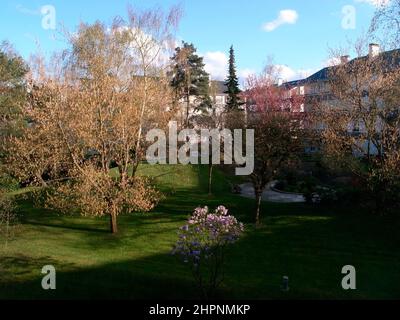 AJAXNETPHOTO. LOUVECIENNES, FRANCIA. - GIARDINO PRIVATO PER I RESIDENTI DI APPARTAMENTI IN UN DOMINIO SULLE ALTEZZE NORD EST DEL CENTRO DEL VILLAGGIO CHE DOMINA IL FIUME SENNA; UNO DEI MOLTI LUOGHI NELLA ZONA VISITATI DA 19TH SECOLO PITTORI IMPRESSIONISTI COME ALFRED SISLEY, CAMILLE PISSARRO, AUGUSTE RENOIR E ALTRI PRIMA DELLA MODERNA RISTRUTTURAZIONE DEL PAESAGGIO. PHOTO:JONATHAN EASTLAND/AJAX REF:GR080804 642 Foto Stock