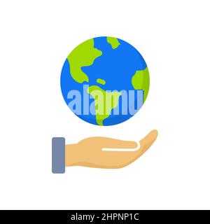 Icona di messa a terra del globo con mano. Tenere la mano pianeta salvare ambiente icona logo vettore proteggere eco Illustrazione Vettoriale