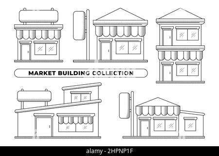 Scopri le collezioni di edifici del mercato con disegno piatto a mano Illustrazione Vettoriale