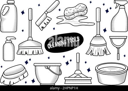 Strumenti di pulizia elemento di attrezzatura con disegno a mano a forma di barbatella lineare Illustrazione Vettoriale