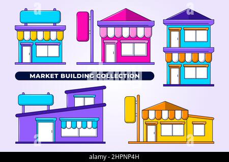 Scopri le collezioni di edifici del mercato con disegni colorati a mano Illustrazione Vettoriale