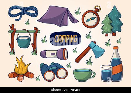 Set di elementi da campeggio con disegno colorato a mano a forma di barbatella in linea Illustrazione Vettoriale