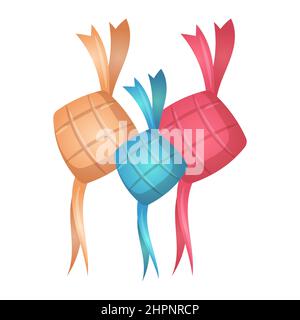 Ketupat, cibo tradizionale ramadan, con disegno a mano vettore piatto Illustrazione Vettoriale