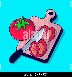 Pomodoro con tagliere in legno con illustrazione di doodle disegnata a mano Illustrazione Vettoriale