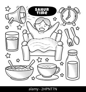 Sahur Time illustrazione degli elementi di doodle disegnati a mano Illustrazione Vettoriale