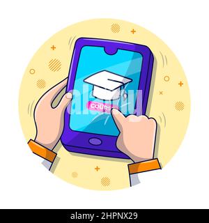 Apprendimento online con smartphone, illustrazione di cartoni animati disegnati a mano Illustrazione Vettoriale