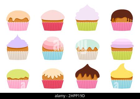 Cupcakes dolci deliziosi colori pastello colorati semplici forme set. Muffin con crema, glassa, cioccolato. Elementi decorativi isolati su sfondo bianco. Stile piatto. Illustrazione vettoriale Illustrazione Vettoriale