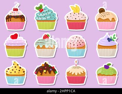 Adesivo per cupcakes, etichetta con crema e set di cioccolato. Collezioni di muffin decorate con ciliegia, mora e menta, candela, limone, biscotti, fragola. Pasticcini cosparsi di gustose briciole. Vettore Illustrazione Vettoriale