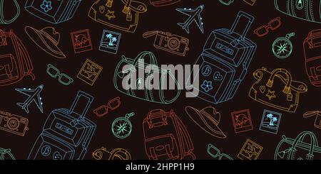 Viaggio senza giunture modello vacanza viaggio scarabocchio disegnato linea scrapbook wrapper. Fotocamera vintage, foto con occhiali, bussola per valigie, design alla moda in aereo. Cartone animato per i bagagli di vacanza sfondo infinito Illustrazione Vettoriale