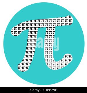 Pi simbolo decorato con piccoli segni pi all'interno di un cerchio di acqua turchese, tagliato isolato su bianco per divertimento STEM Holiday Pi giorno marzo 14 da pi EQUAL Foto Stock