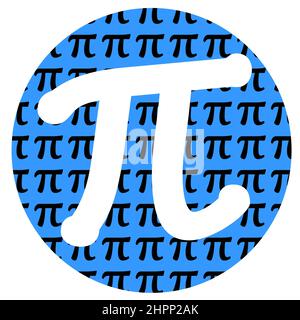Simbolo pi in cerchio blu isolato su bianco con segni pi neri più piccoli, tipografia grafica per Pi Day una vacanza divertente il 14 marzo poiché pi è uguale a 3,14 Foto Stock