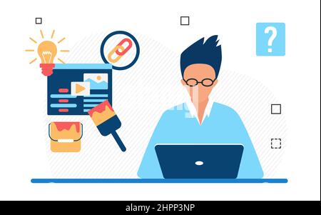 Software web development progettista processo di lavoro. Gestione delle pagine Web e manutenzione del sistema Illustrazione Vettoriale