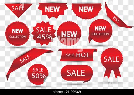 Set di banner rossi di vendita isolati. Scorrimento Vector 3d. Illustrazione Vettoriale