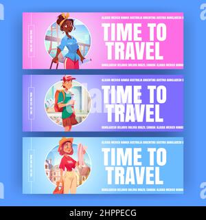 Tempo di viaggiare cartoni animati banner. Turisti backpackers apprendimento mappa ricerca modo su sfondo mondiale punti di riferimento. Agenzia viaggiatori volantini di servizio, vacanza estiva viaggio, avventura Vector illustrazione Illustrazione Vettoriale
