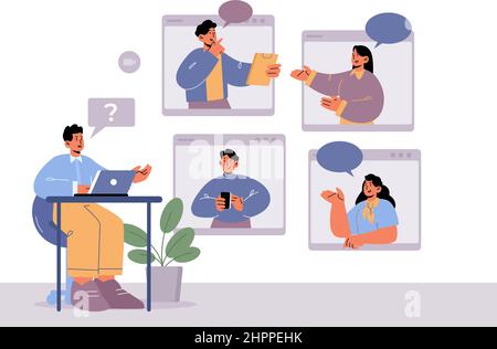 Videoconferenza online di personaggi d'affari, lavoratori d'ufficio webcam chiamata di gruppo via internet. Briefing remoto dei dipendenti con boss e colleghi su enormi schermi per pc, illustrazione vettoriale Line art Illustrazione Vettoriale