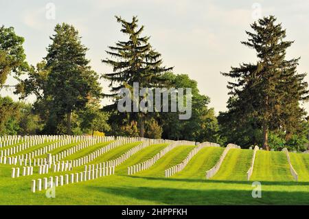 Springfield, Illinois, Stati Uniti. File di marcatori definiscono il luogo di riposo finale per i soldati al cimitero nazionale di Camp Butler. Foto Stock
