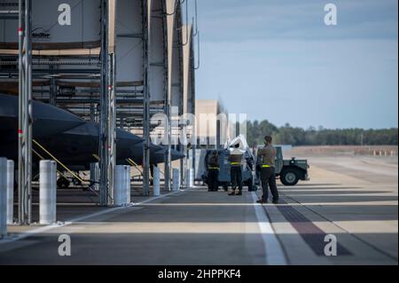 U.S. Airmen con lo squadrone della generazione dei combattenti 43d, si preparano a lanciare F-22 Raptors alla base dell'aeronautica di Eglin, Florida, 1 febbraio 2022. A ogni jet viene assegnato un capo equipaggio che esegue la manutenzione ordinaria per includere controlli pre- e post-volo insieme al lancio e al recupero dell'aeromobile. (STATI UNITI Air Force Photo by Airman 1st Class Tiffany Price) Foto Stock