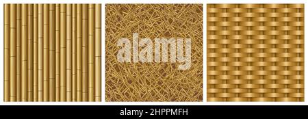 Giochi textures steli di bambù, paglia e vimini disegni senza cuciture. 3D piastrelle realistiche di materiali naturali canestro tessuto rattan, erba secca e canne, elementi di interfaccia grafica testurizzata, set di illustrazione Vector Illustrazione Vettoriale