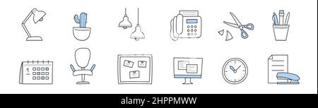 Icone dei materiali di consumo e delle cose da ufficio. Cactus in pentola, lampade da tavolo e da soffitto, fax, forbici, penne o matite, calendario, Poltrona, tavola con bastoni, orologio o pinzatrice linea illustrazione vettoriale Illustrazione Vettoriale