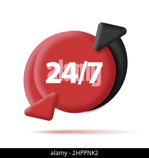 Ventiquattro sette badge di assistenza o supporto, rosso 3D forme rotonde con frecce rosse e nere in cerchio, icona digitale Illustrazione Vettoriale