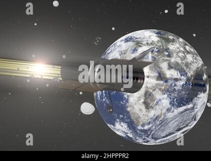 Spazio Telescopio Hubble vicino al pianeta Terra e rocce nello spazio esterno con lente svasata dal Sole spazzatura spazio. 3D illustrazione rappresentata. Elementi di Foto Stock