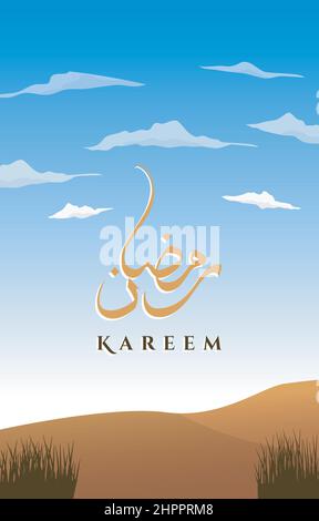 Bellissimo deserto arabo Paesaggio islamico Ramadan Kareem Calligraphy Greeting Card Illustrazione Vettoriale