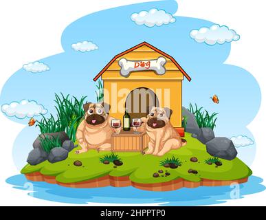 Due pugs bevendo il vino dall'illustrazione del doghouse Illustrazione Vettoriale