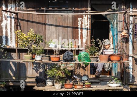 Uomo seduto su un balcone stipato con vari oggetti, cercando di riscaldarsi nel sole d'inverno nel villaggio d'acqua di Wenzhou, Cina Foto Stock