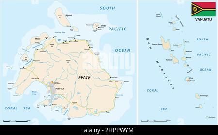 Mappa stradale vettoriale dell'isola di Efate, Vanuatu Illustrazione Vettoriale