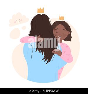 Sorridente bambina calda abbracciando la sua amorevole madre. Amore e affetto di famiglia, bei momenti insieme illustrazione vettoriale piatta Illustrazione Vettoriale