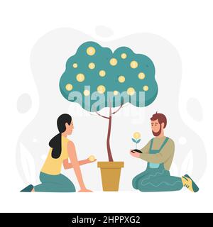 Ragazzo e ragazza che si preoccupano dell'albero dei soldi del piatto. Piantando e annaffiando pianta con le monete del dollaro illustrazione piatta del vettore Illustrazione Vettoriale