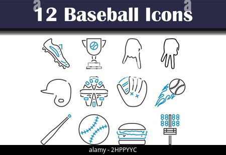 Set di icone per il baseball. Contorno grassetto modificabile con disegno di riempimento a colori. Illustrazione vettoriale. Illustrazione Vettoriale