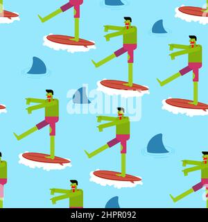 Zombie Surfer modello senza cuciture. Uomo morto su sfondo da surf. Trama vettoriale Illustrazione Vettoriale