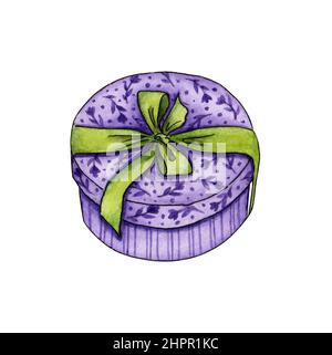 Illustrazione acquerello di una piccola scatola viola con una stampa floreale e un nastro verde. Confezione regalo con pittura a mano per un complimento o un regalo. Separare o Foto Stock