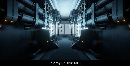 Computerizzato Inter Galactic Corridor Hangar seminterrato corridoio sotterraneo Ultra moderno Dark Blue colori Sci Fi sfondo concetto Art Technology Foto Stock