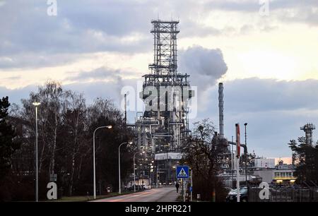 Karlsruhe, Germania. 23rd Feb 2022. Foto esterna di una sezione vegetale a Miro Mineralölraffinerie Oberrhein. La commissione di coalizione si sta occupando oggi di prezzi elevati dell'energia. Credit: Uli Deck/dpa/Alamy Live News Foto Stock