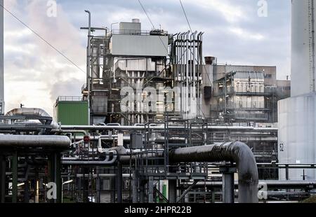 Karlsruhe, Germania. 23rd Feb 2022. Foto esterna di una sezione vegetale a Miro Mineralölraffinerie Oberrhein. La commissione di coalizione si sta occupando oggi di prezzi elevati dell'energia. Credit: Uli Deck/dpa/Alamy Live News Foto Stock