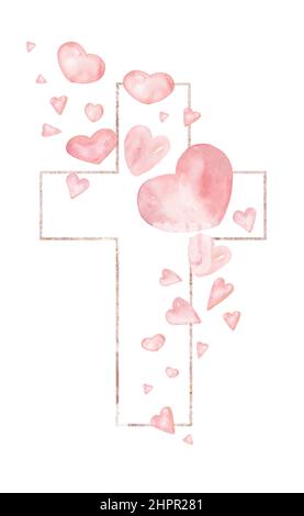 Cuore cornice clipart, acquerello cuori pastello illustrazione cornice, rosa delicato corallo croce cuore, amore decorazione, religioso, giorno valentine, doccia bambino Foto Stock