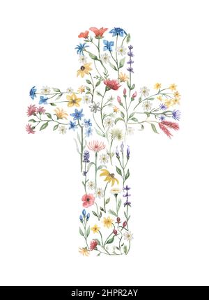 Acquerello Croce di Pasqua clipart, fiori selvatici illustrazione della croce, Fiori prato Croce Battesimo, clip art religiosa, inviti alle nozze, Spirito Santo, Bambino Foto Stock