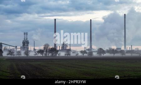 Karlsruhe, Germania. 23rd Feb 2022. Foto esterna di una sezione vegetale a Miro Mineralölraffinerie Oberrhein. La commissione di coalizione si sta occupando oggi di prezzi elevati dell'energia. Credit: Uli Deck/dpa/Alamy Live News Foto Stock