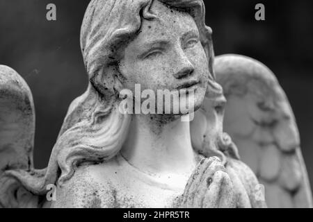 Immagine in bianco e nero di un bell'angelo. Statua antica. Foto Stock