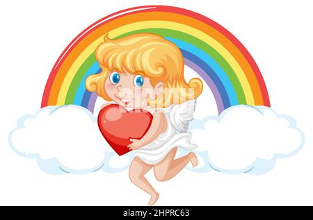 Angel ragazza che tiene rosso il cuore su arcobaleno sfondo illustrazione Illustrazione Vettoriale