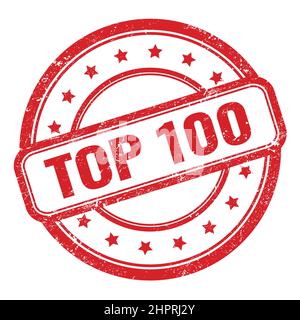 TOP 100 testo su francobollo in gomma rosso grungy vintage rotondo. Foto Stock