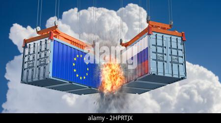 Guerra commerciale. Container di carico con bandiere della Russia e dell'Unione europea che si scontrano. 3D rendering Foto Stock