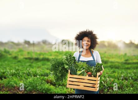 Madre natura fornisce. Ritratto corto di una giovane e attraente agricoltore che porta una cassa di prodotti freschi. Foto Stock